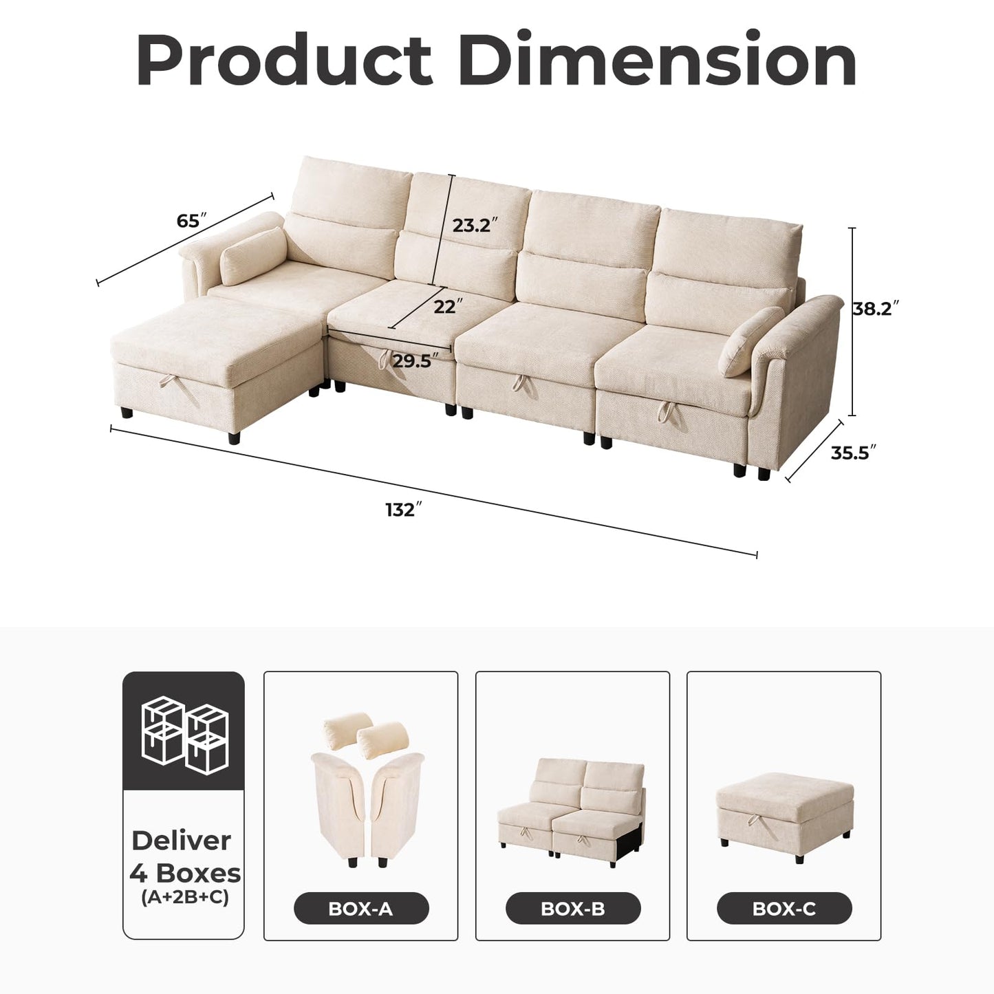 132" U-Shaped Sofa, 6-Seater Beige