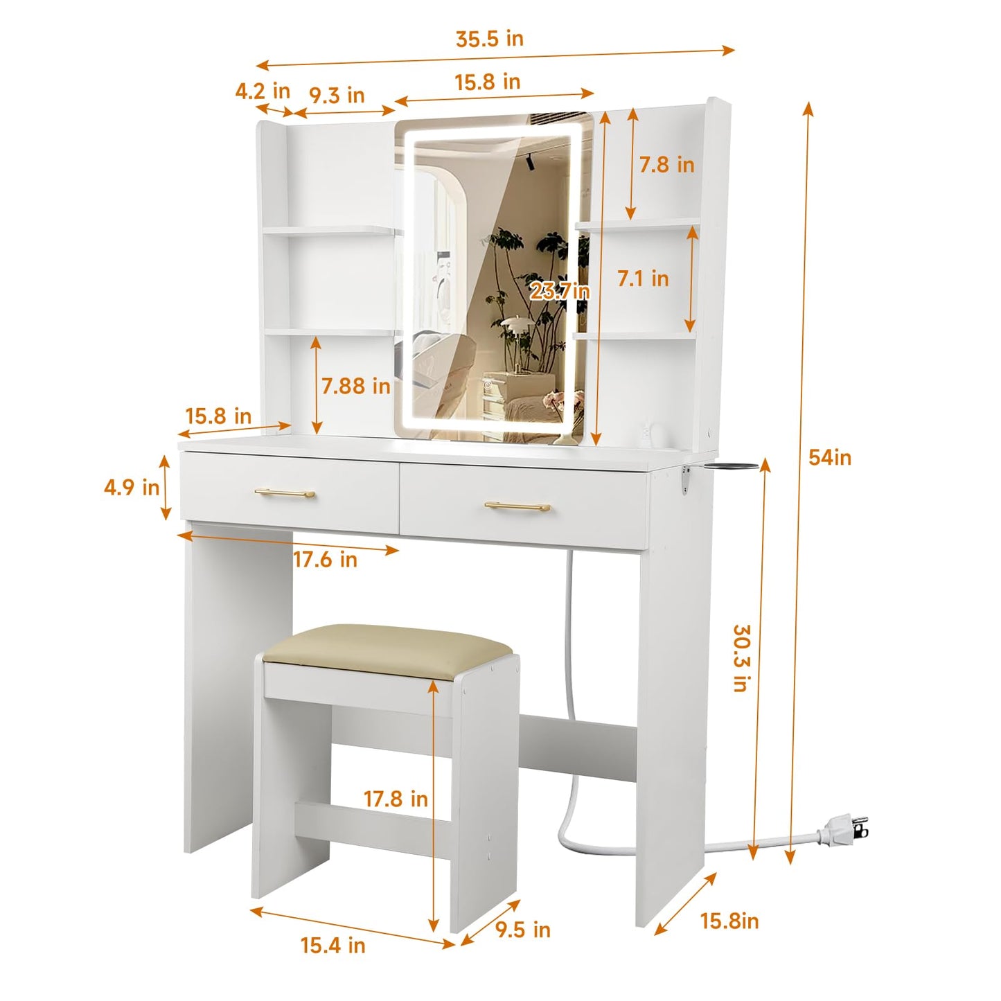 Vanity Desk Set with Mirror, Lights & Stool