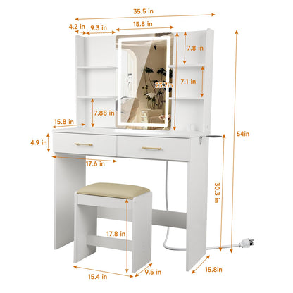 Vanity Desk Set with Mirror, Lights & Stool