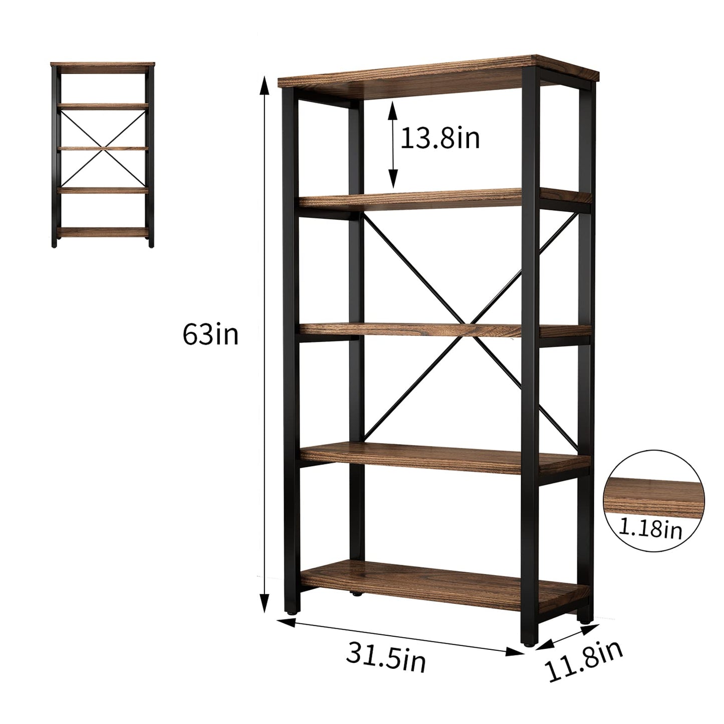5-Tier Industrial Wood & Metal Bookcase