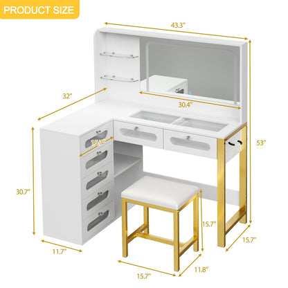 Modern Vanity Desk with Mirror, Lights & Storage
