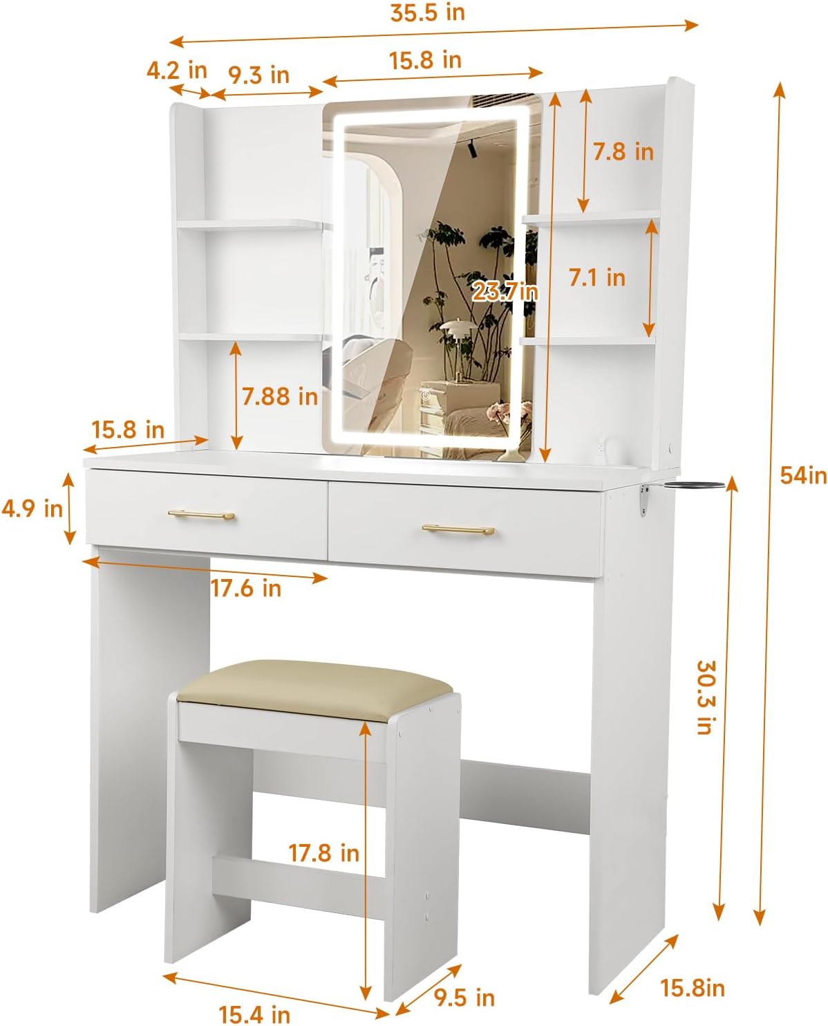 Vanity Desk Set with Mirror, Lights & Stool