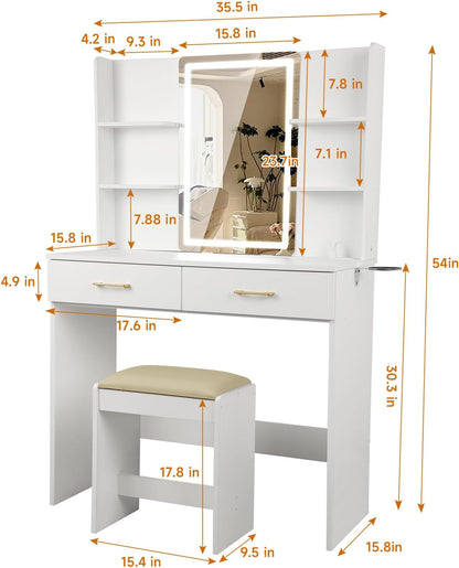Vanity Desk Set with Mirror, Lights & Stool