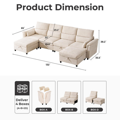 132" U-Shaped Sofa, 6-Seater Beige