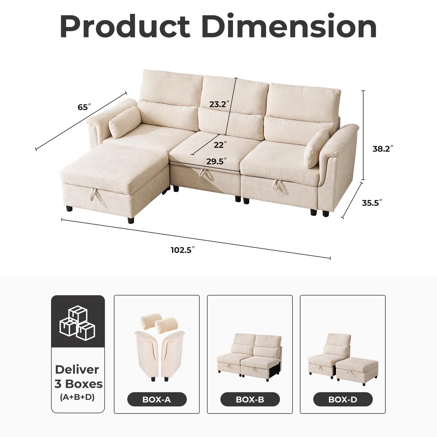132" U-Shaped Sofa, 6-Seater Beige
