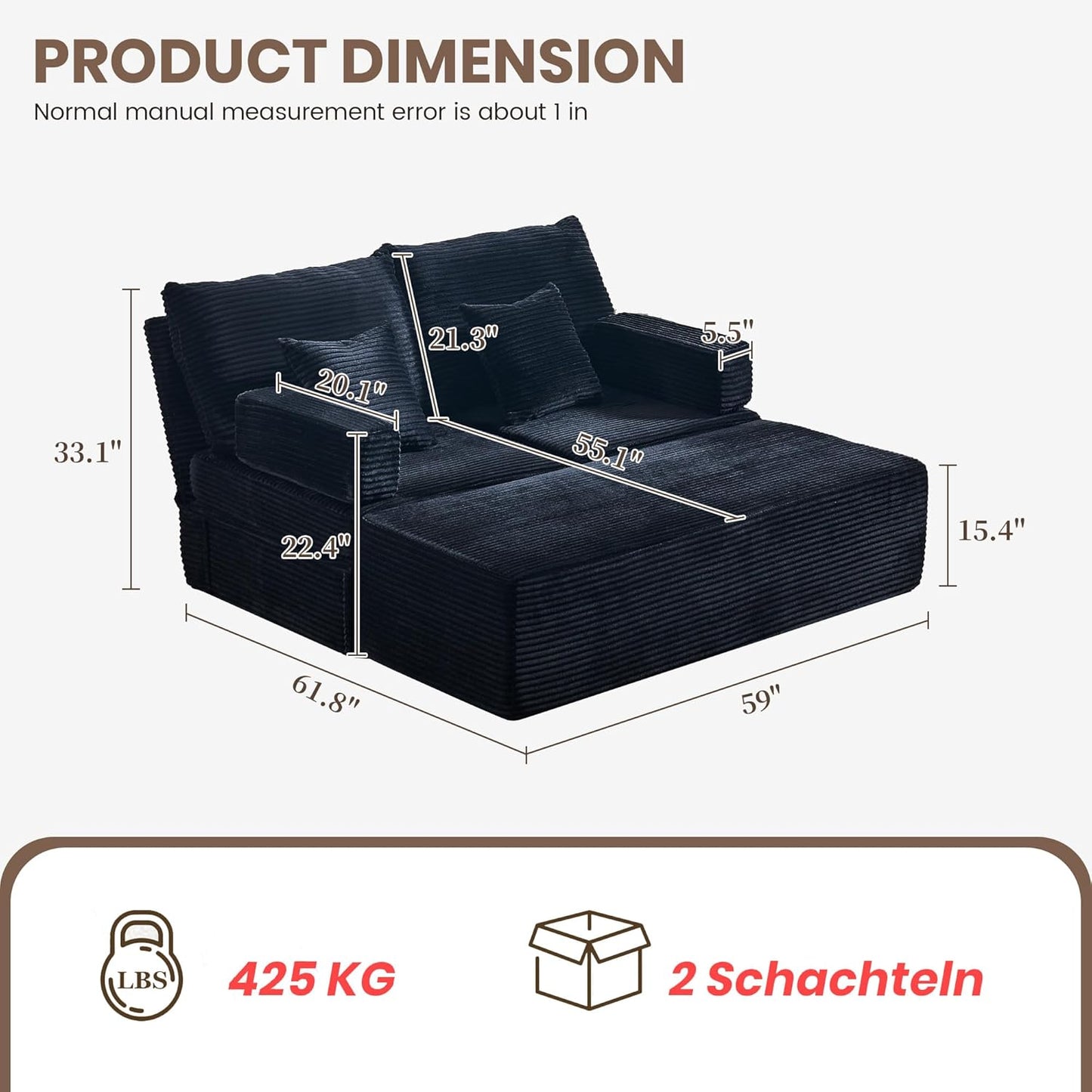 59" Chaise Lounge Sofa with Ottoman