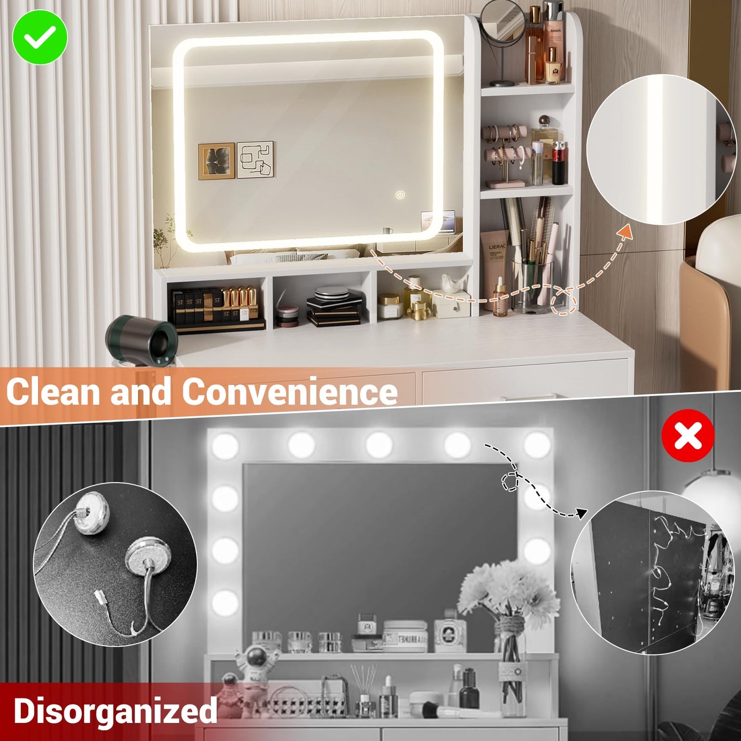 Small Vanity Desk with Mirror, Lights & Storage