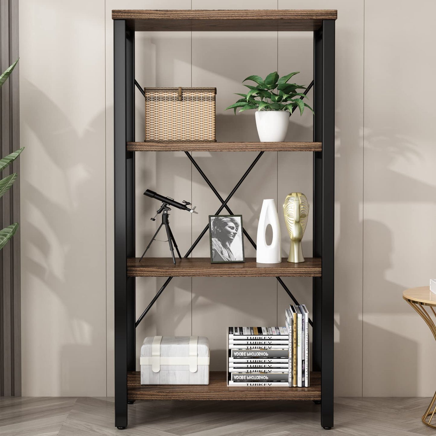 5-Tier Industrial Wood & Metal Bookcase