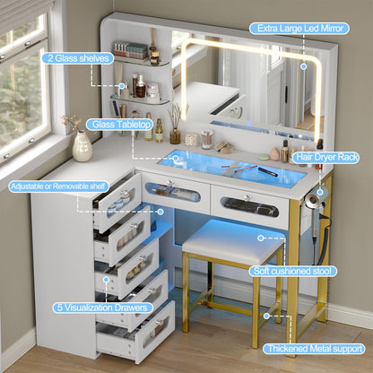 Modern Vanity Desk with Mirror, Lights & Storage