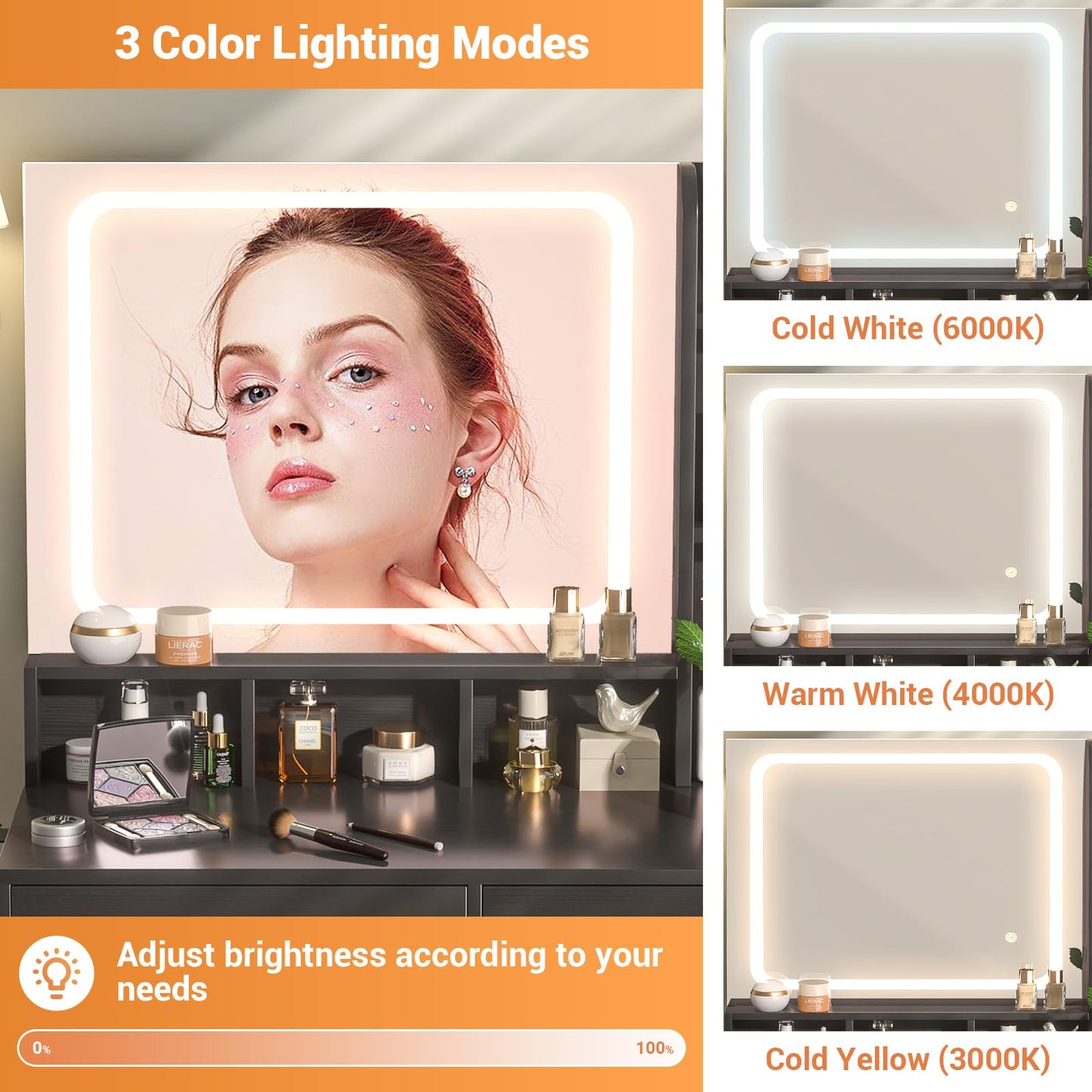 Small Vanity Desk with Mirror, Lights & Storage