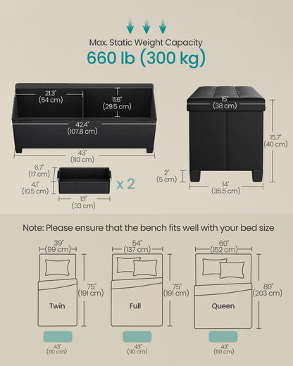 SONGMICS 15"x43"x15.7" Storage Ottoman Bench