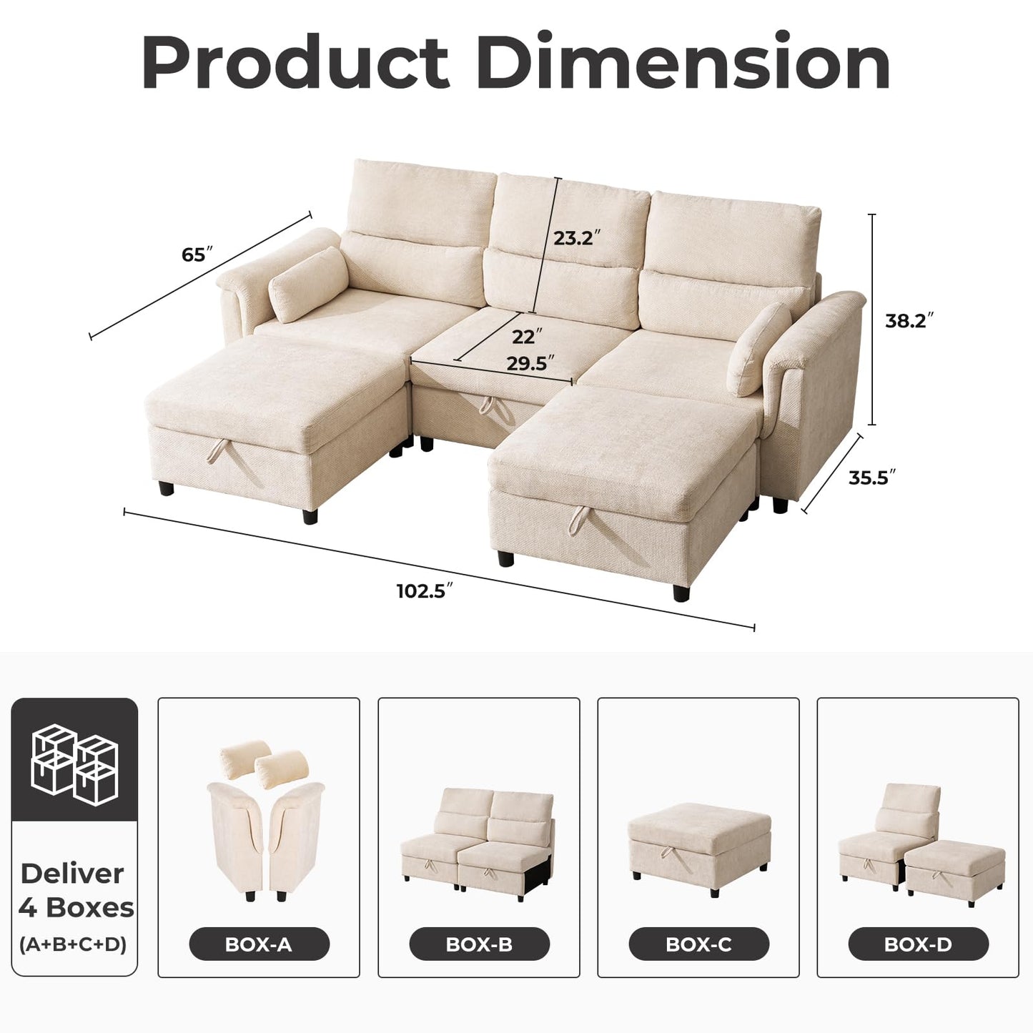 132" U-Shaped Sofa, 6-Seater Beige