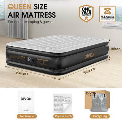 DIVON 18" Queen Air Mattress with Built-In Pump