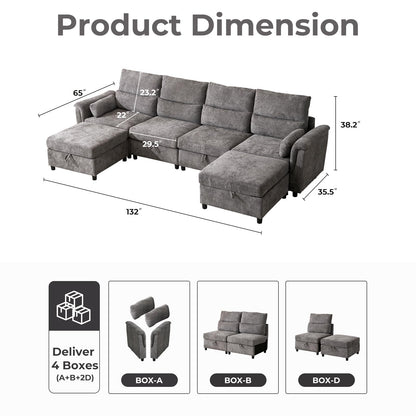 132" U-Shaped Sofa, 6-Seater Beige
