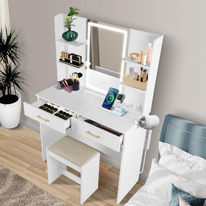 Vanity Desk Set with Mirror, Lights & Stool