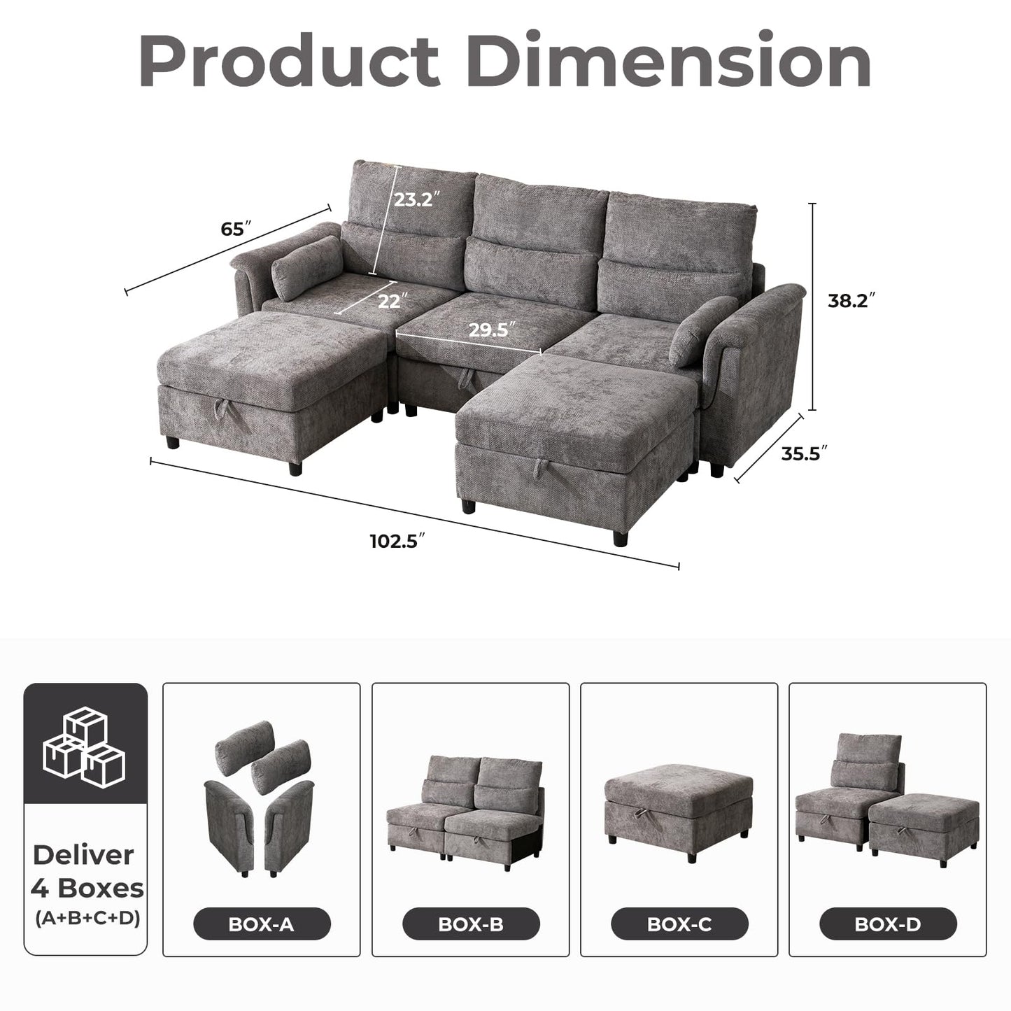 132" U-Shaped Sofa, 6-Seater Beige