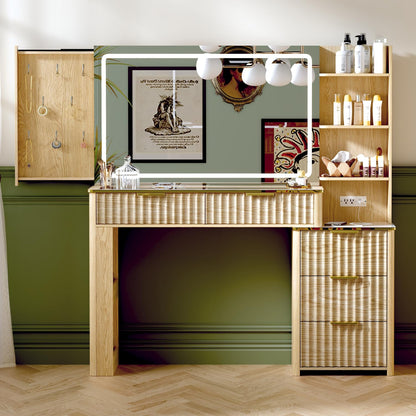 Vanity Desk with Mirror & Lights, Oak