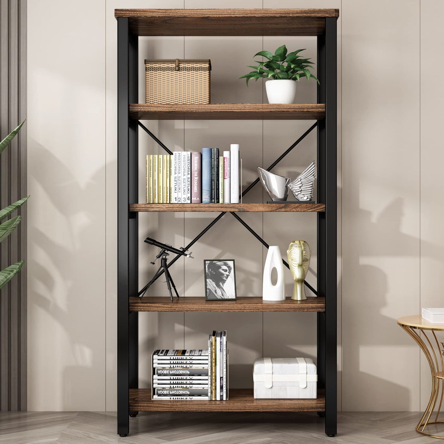 5-Tier Industrial Wood & Metal Bookcase