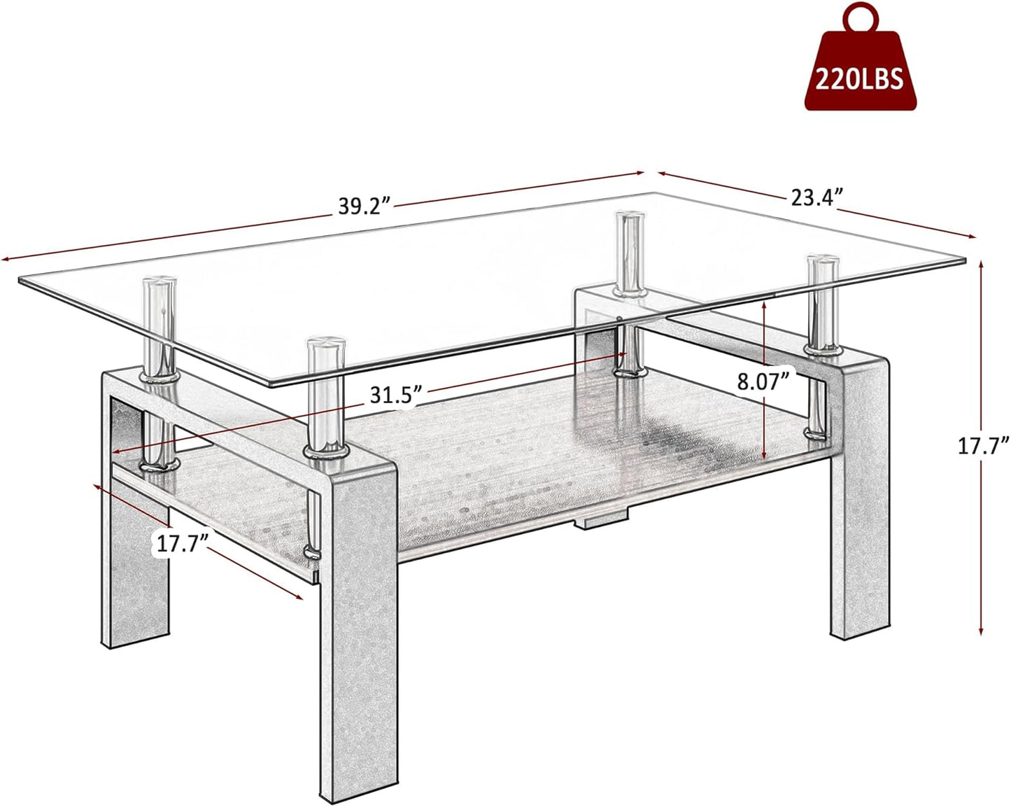 39.2" Glass Coffee Table – Gray/Black
