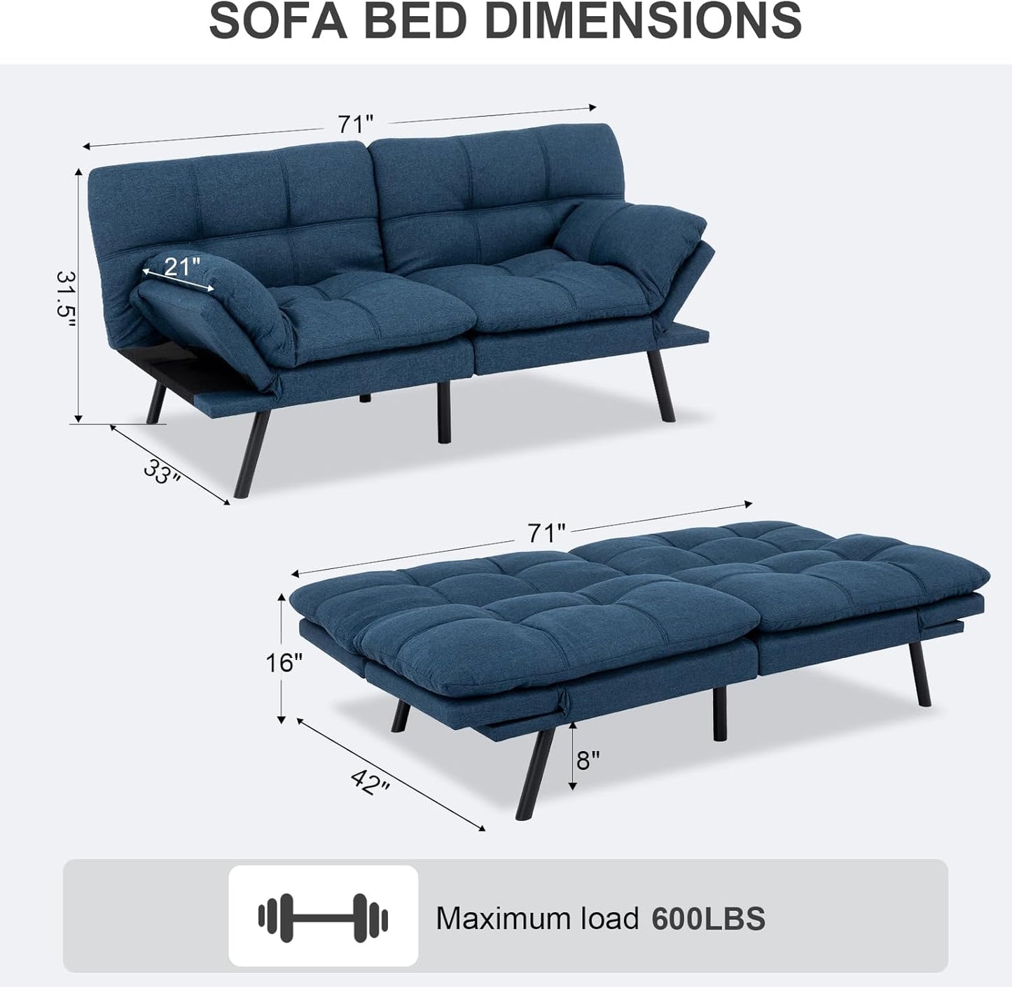 Vipbear Grey Futon Sofa Bed 71"