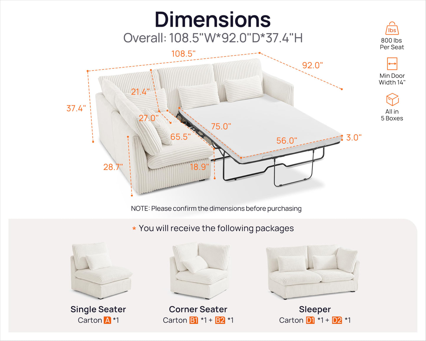 L-Shaped Sofa Bed with Ottoman – Beige