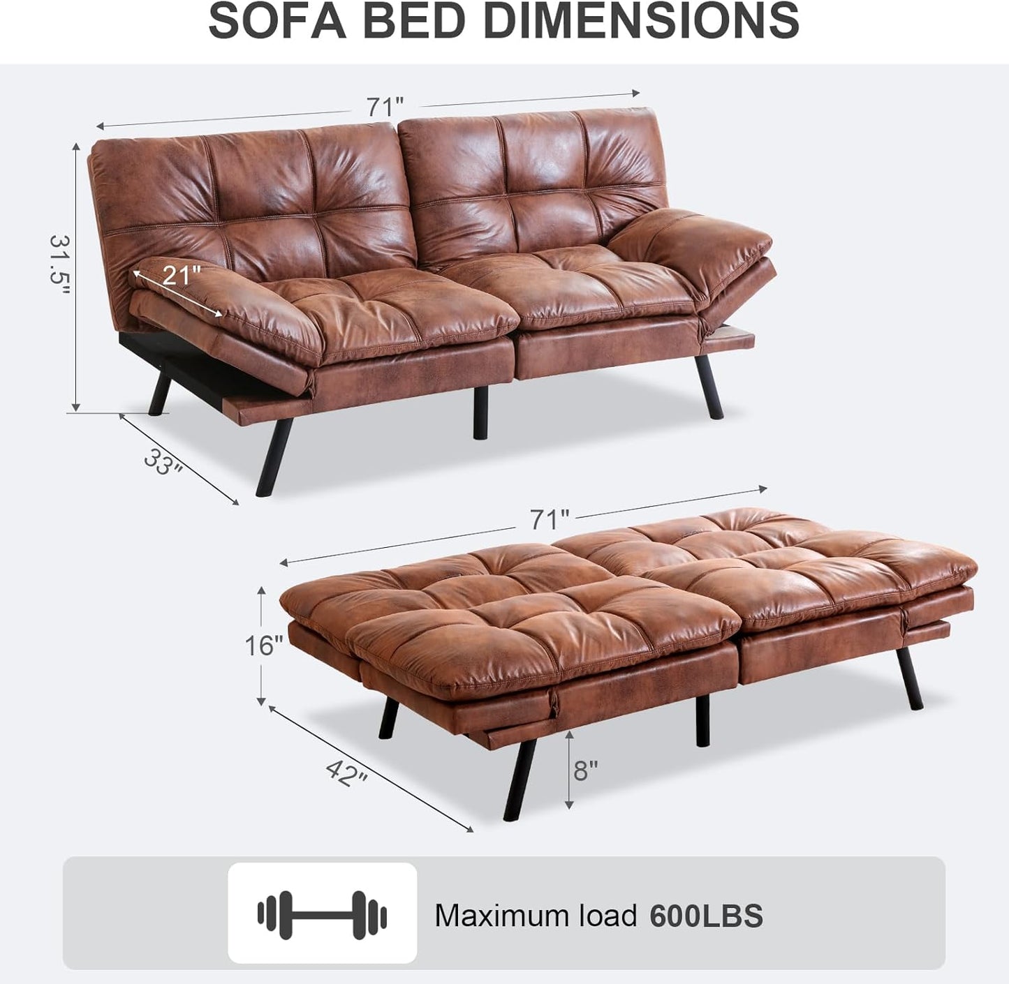 Vipbear Grey Futon Sofa Bed 71"