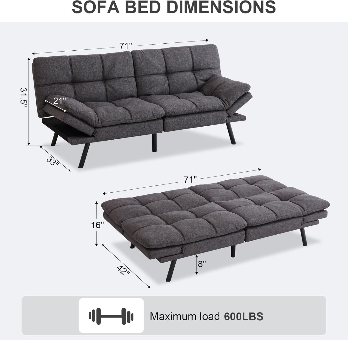Vipbear Grey Futon Sofa Bed 71"