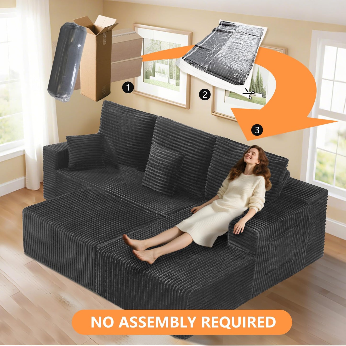 106" L-Shaped Corduroy Sofa – Black