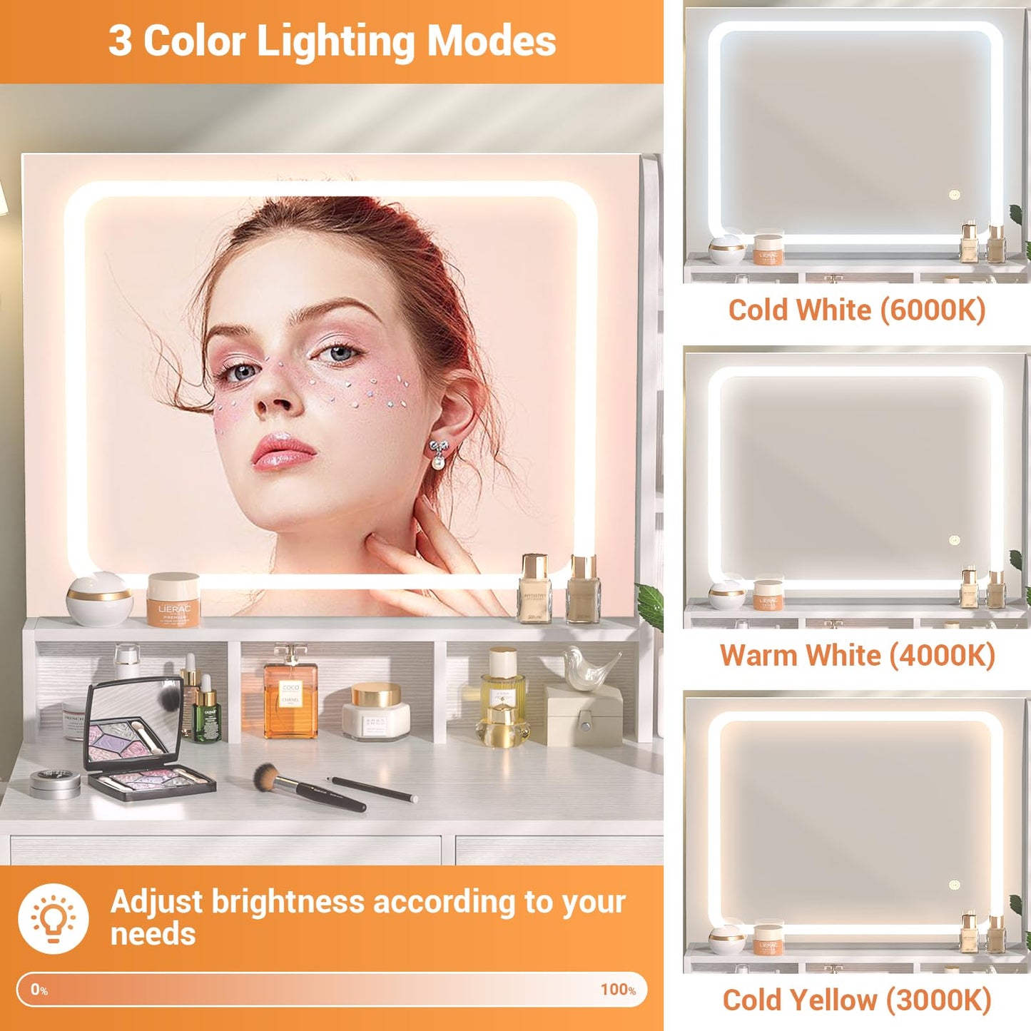 Small Vanity Desk with Mirror, Lights & Storage