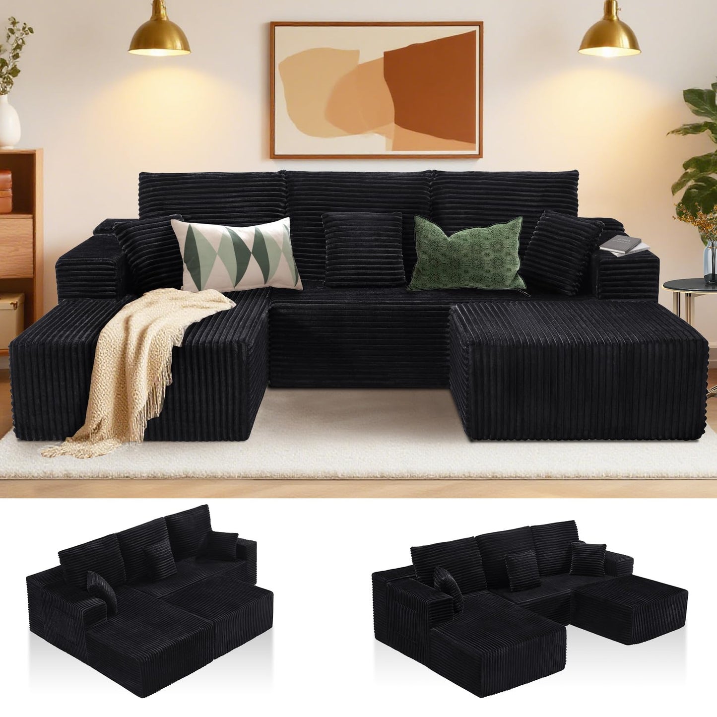 106" L-Shaped Corduroy Sofa – Black