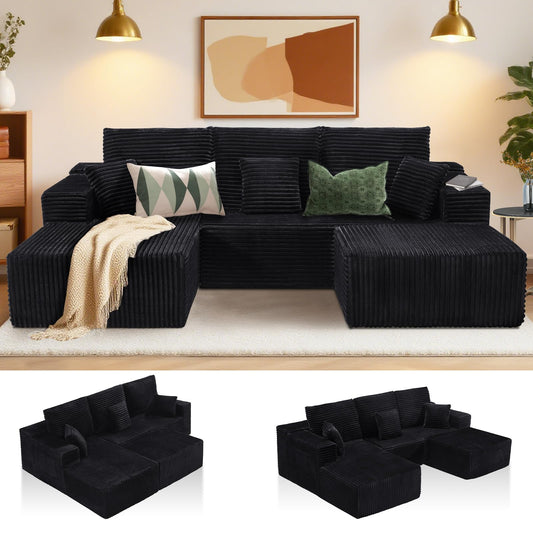 106" L-Shaped Corduroy Sofa – Black