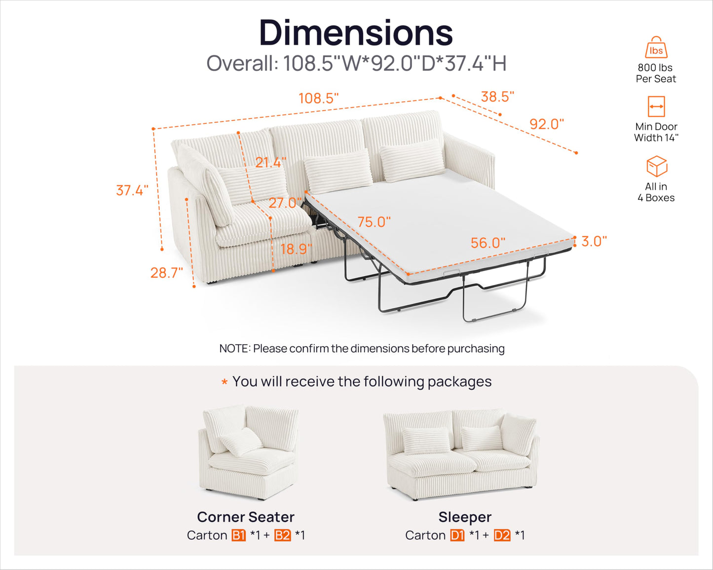 L-Shaped Sofa Bed with Ottoman – Beige