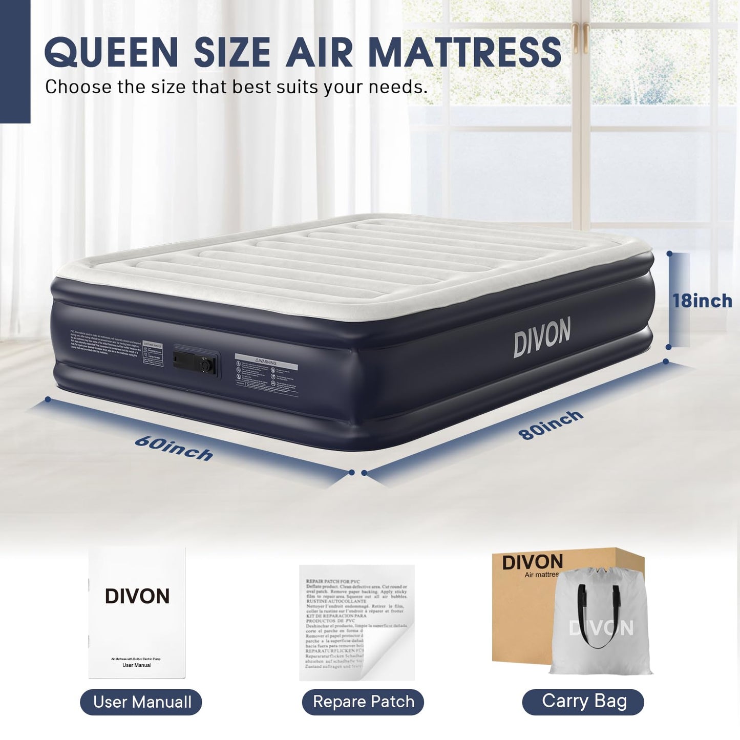 18" Queen Air Mattress with Built-In Pump