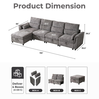 132" U-Shaped Sofa, 6-Seater Beige