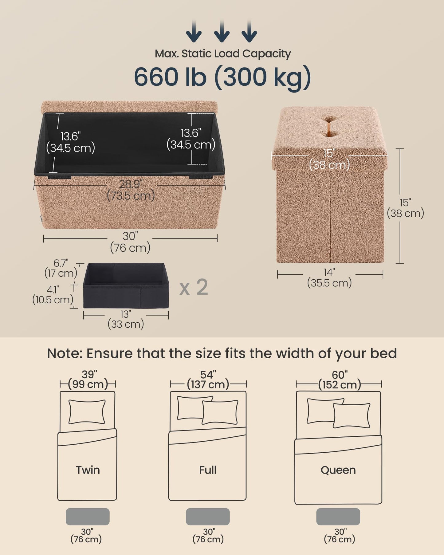 SONGMICS Storage Ottoman Bench, 15"x30"x15"