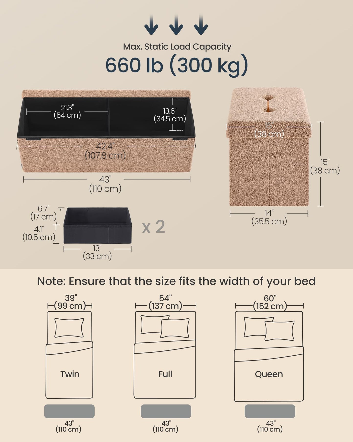 SONGMICS Storage Ottoman Bench, 15"x30"x15"