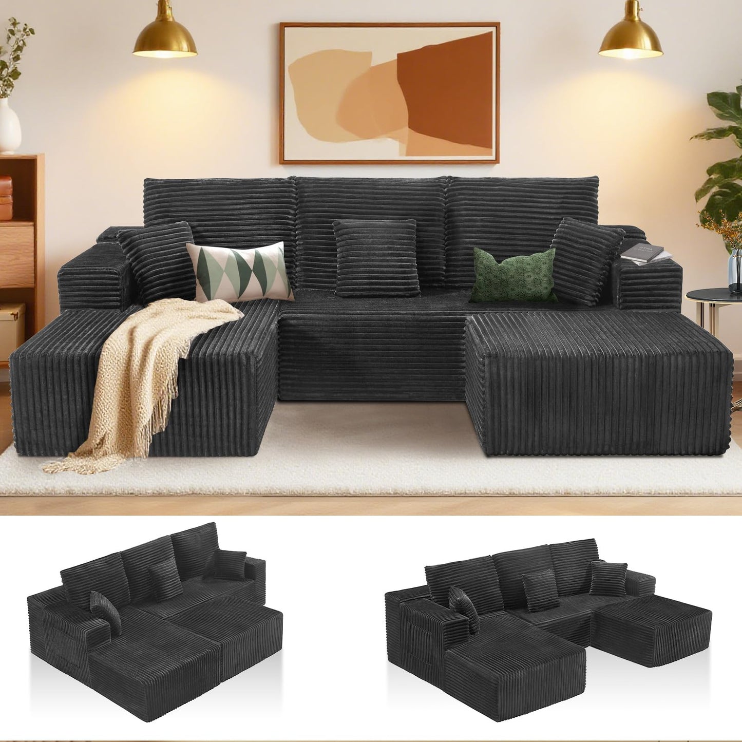 106" L-Shaped Corduroy Sofa – Black
