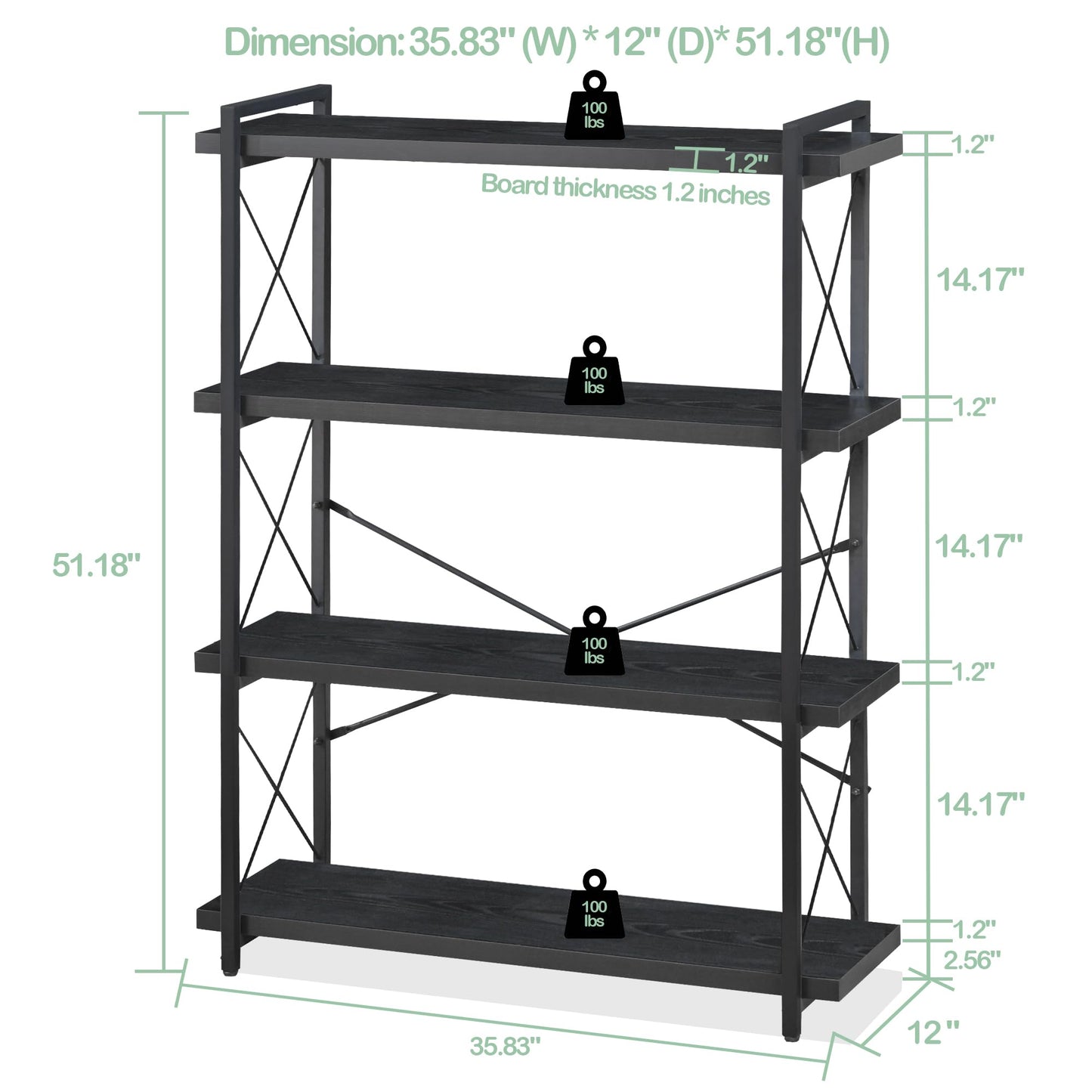 HCHQHS 4-Tier Industrial Bookshelf