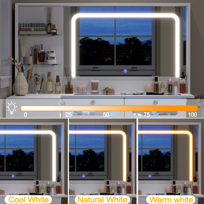 Modern Vanity Desk with Mirror, Lights & Storage