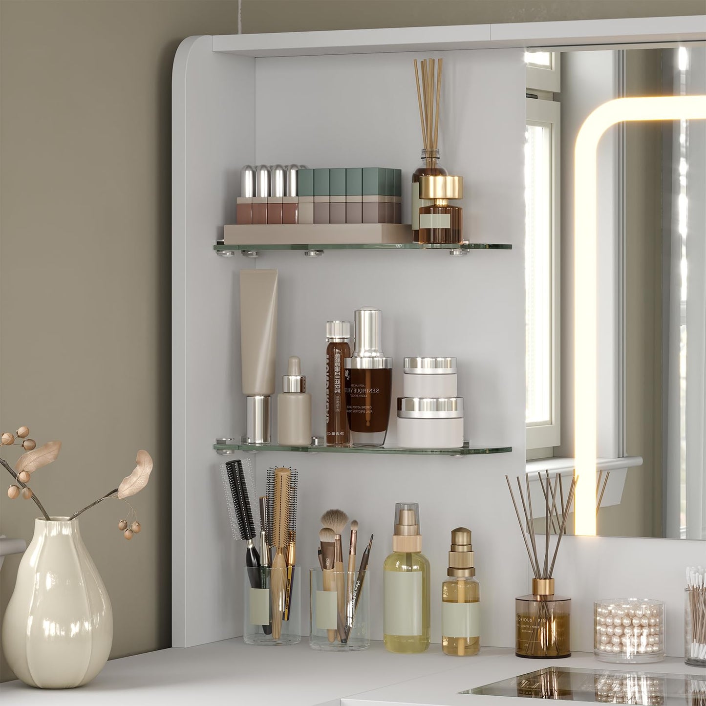 Modern Vanity Desk with Mirror, Lights & Storage
