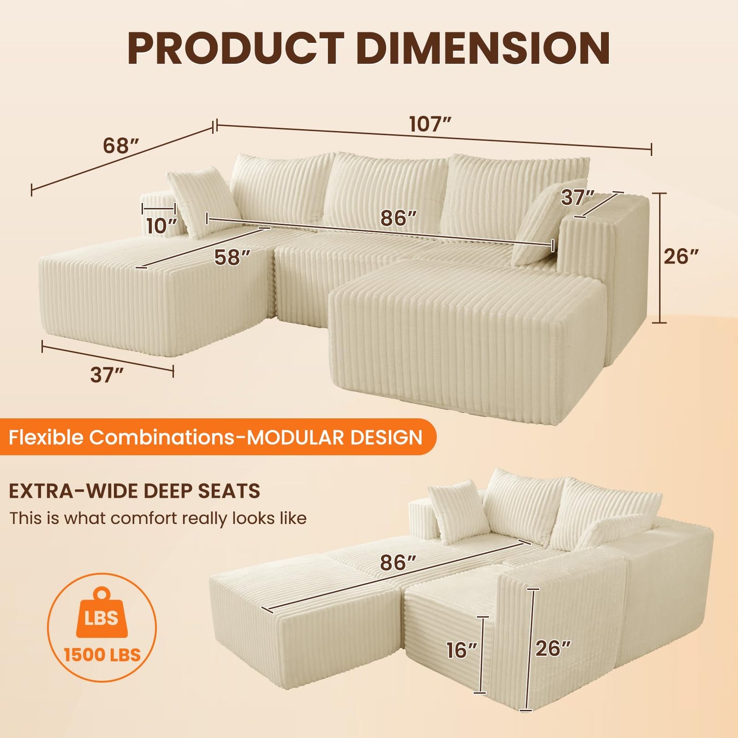 Beige U-Shaped Modular Sofa