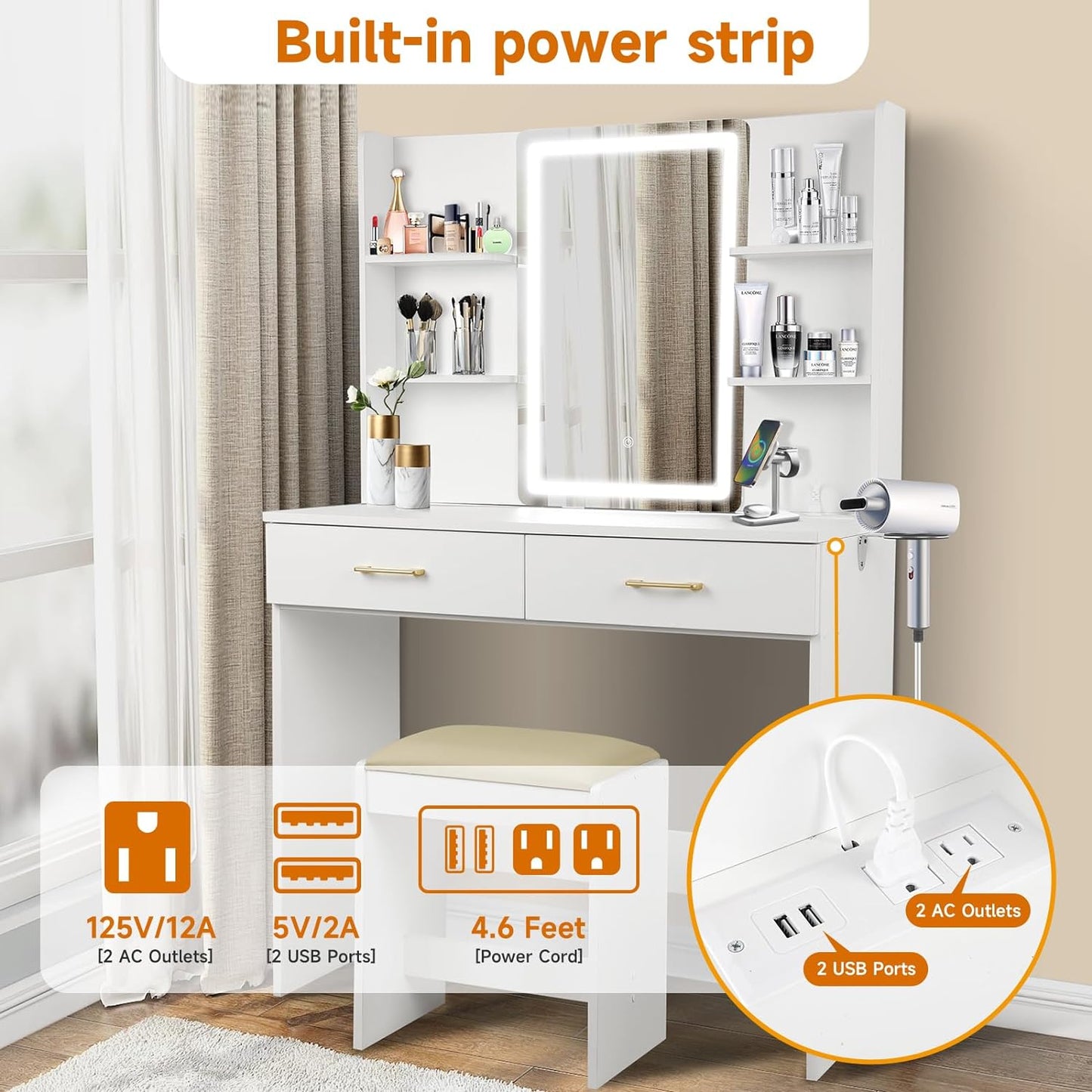 Vanity Desk Set with Mirror, Lights & Stool
