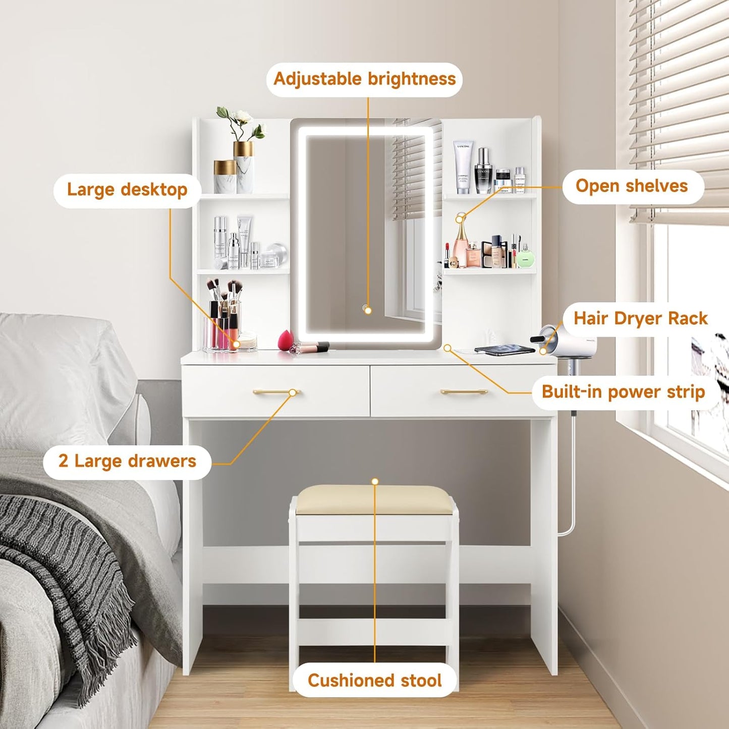 Vanity Desk Set with Mirror, Lights & Stool