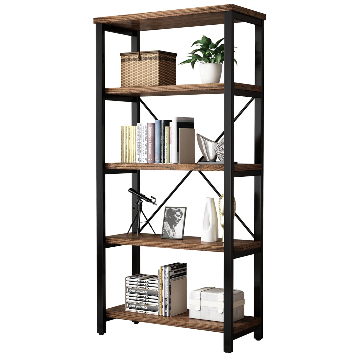 5-Tier Industrial Wood & Metal Bookcase