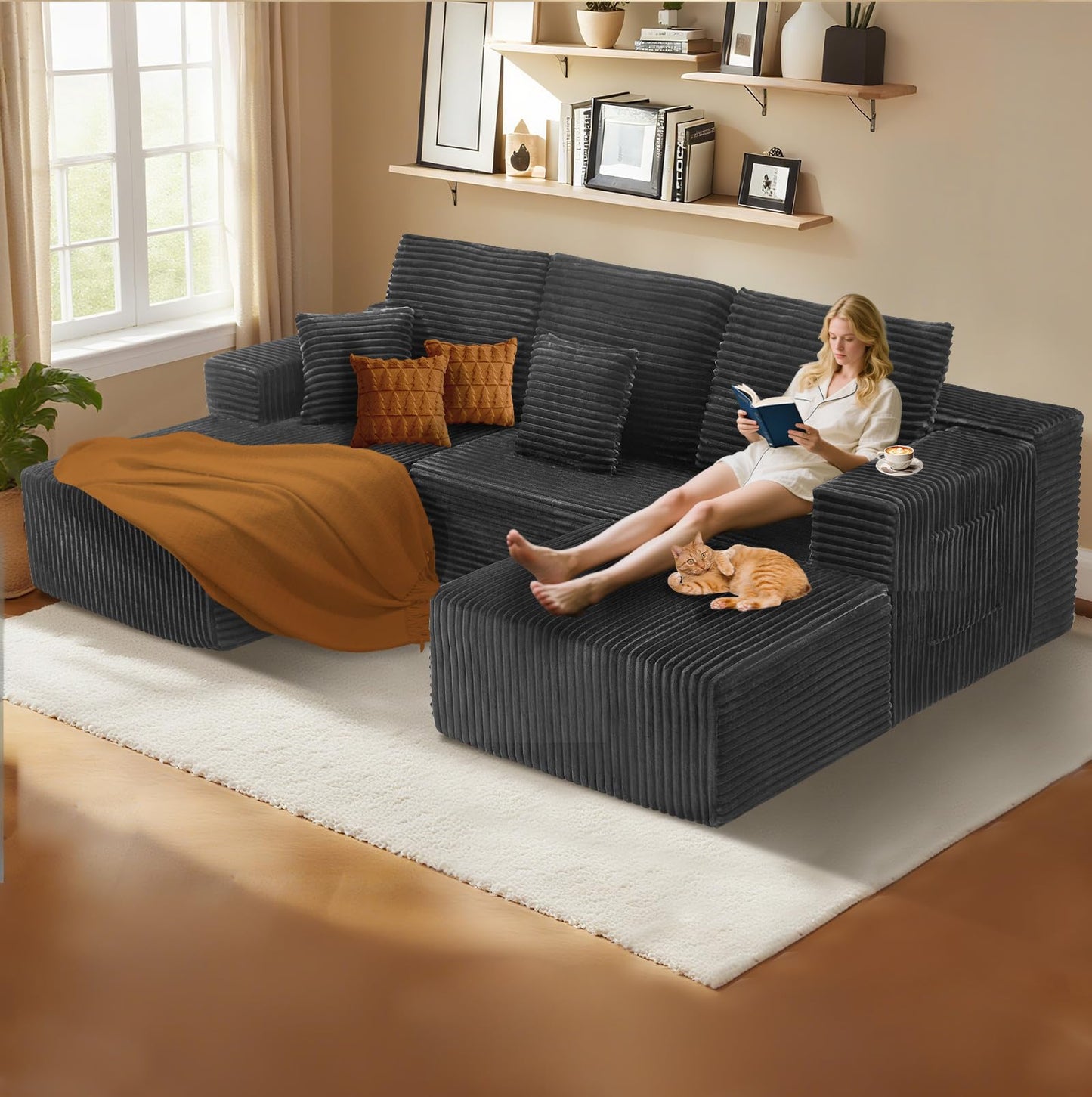 106" L-Shaped Corduroy Sofa – Black