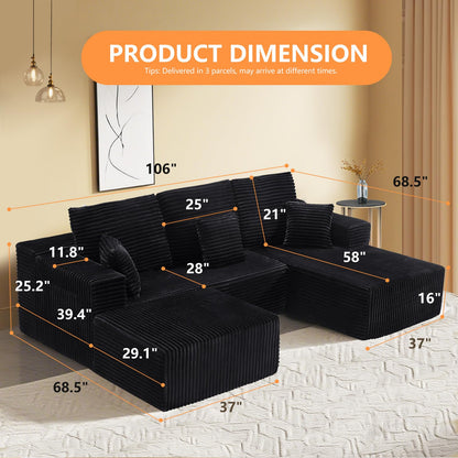 106" L-Shaped Corduroy Sofa – Black