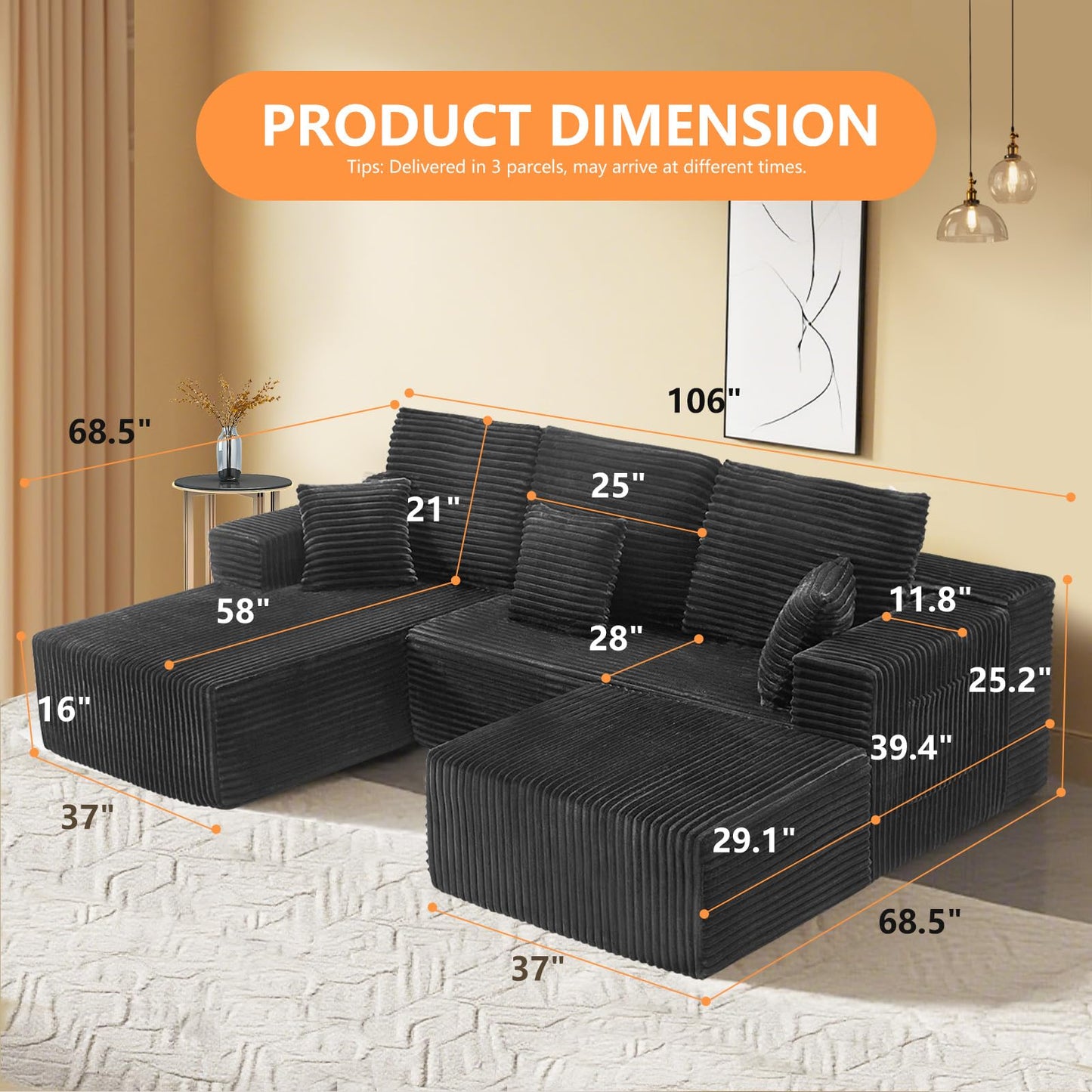 106" L-Shaped Corduroy Sofa – Black