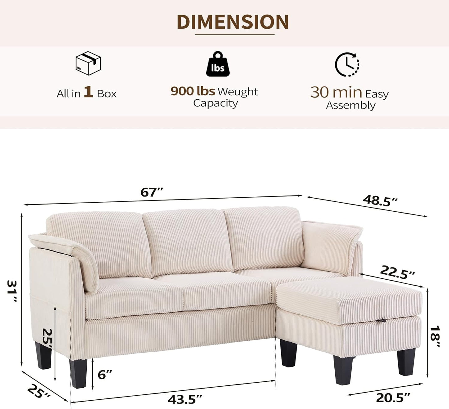 Beige L-Shaped Sofa with Storage