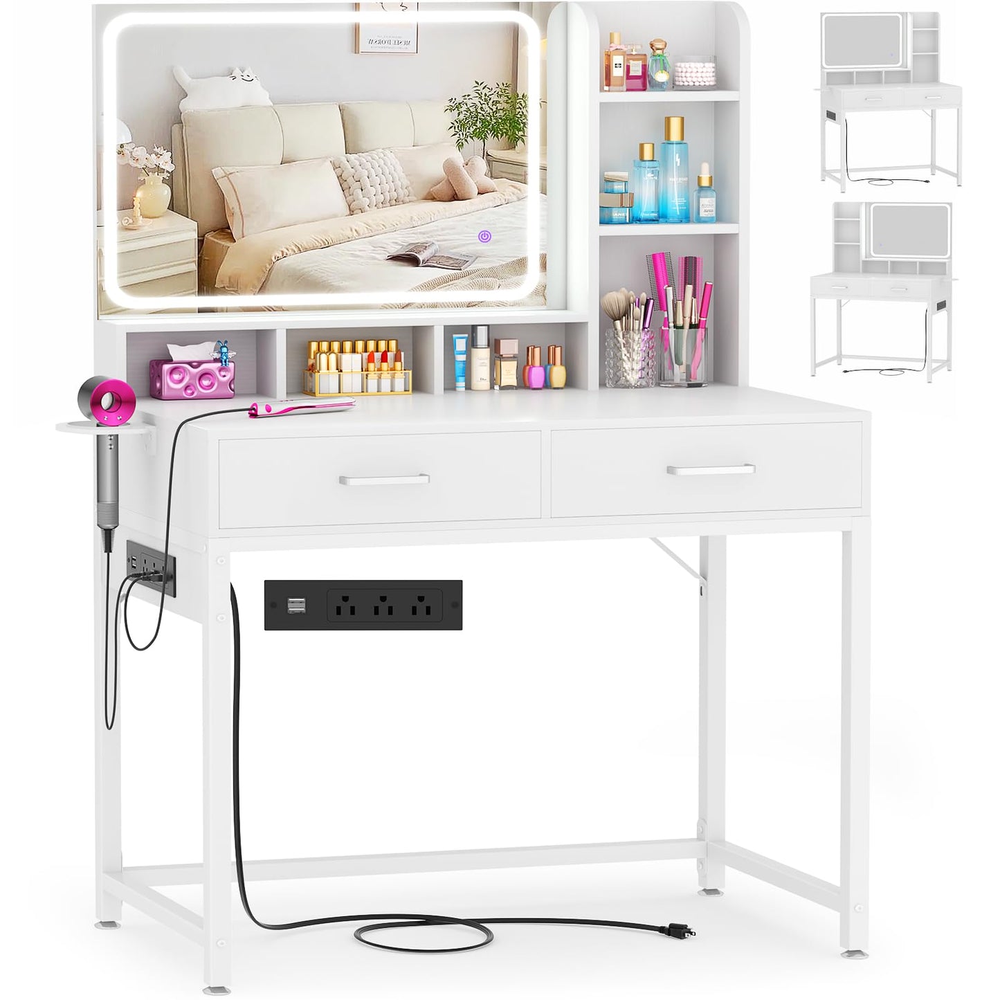 Small Vanity Desk with Mirror, Lights & Storage