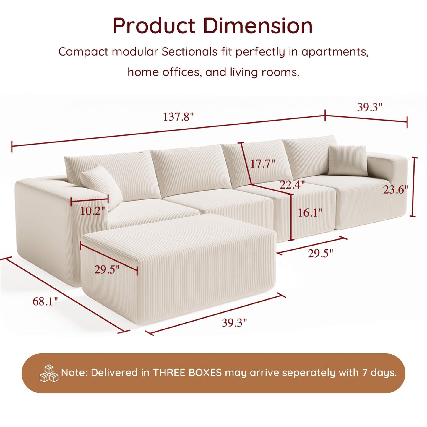 108" L-Shaped Sofa with Ottoman – Beige